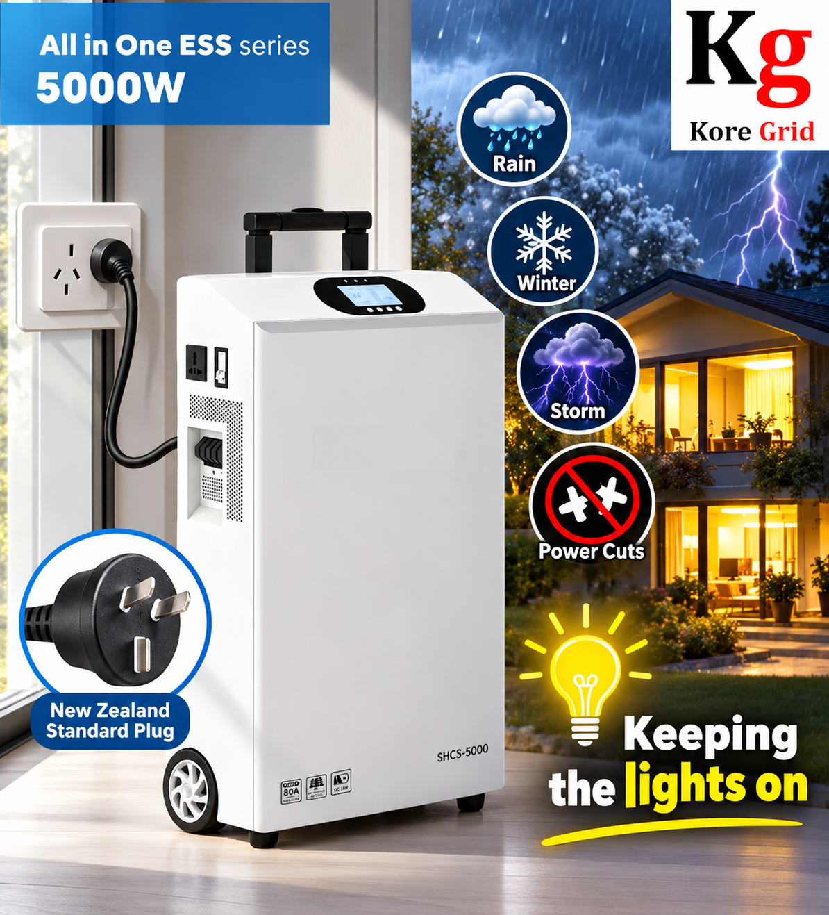 Kore Grid 5000W all-in-one energy storage system keeping the lights on through rain, winter and storms